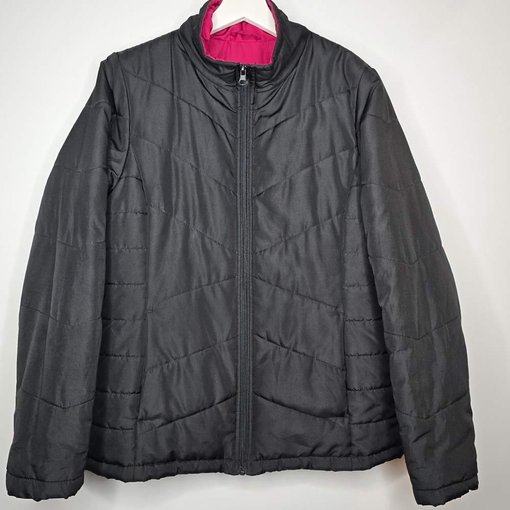 Faded Glory Women's Lightweight Puffer Jacket Black Fuchsia Size M